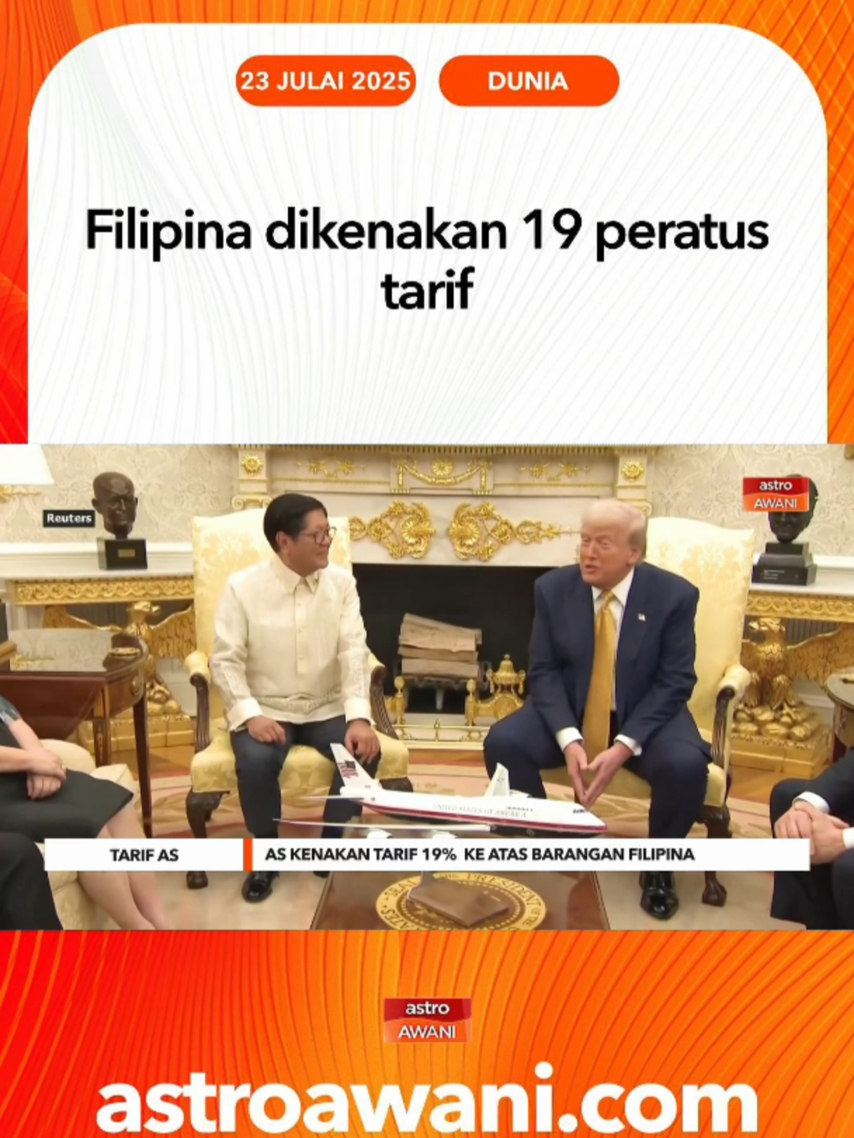Presiden Amerika Syarikat, Donald Trump pada Selasa umum pengenaan tarif baharu sebanyak 19 peratus ke atas barangan import dari Filipina. #AWANInews