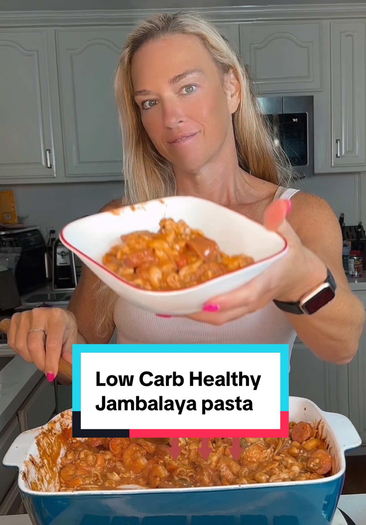 Effortless Healthy Meals for Busy Days.                                                      Low carb Jambalaya pasta.                 -1 box protein pasta - 1 tablespoon olive oil - 1 tablespoon butter - 1 large onion, diced - 4 andouille sausages, halved lengthwise and cut into 1/4-inch half-moons - 6 cloves garlic, finely chopped - 1 (14 ounce) can crushed tomatoes - 3 green bell peppers, seeded and diced - 2 zucchinis, diced (optional) - 2 tablespoons Cajun seasoning - 1 teaspoon hot sauce (or to taste) - 12 ounces chicken bone broth  - 1 pound chicken breast, cooked and chopped - 1 pound cooked, peeled, and deveined shrimp Instructions: 1. Preheat Oven: Preheat your oven to 375°F (190°C). 2. Prepare Ingredients: In a large baking dish, pour the uncooked protein pasta, diced onion, andouille sausage, minced garlic, crushed tomatoes, green bell peppers, zucchini, Cajun seasoning, hot sauce, chicken broth, and chopped chicken breast. 3. Mix Well: Stir all the ingredients together until evenly combined. 4. Bake: Cover the baking dish with foil and cook in the preheated oven for 40 minutes. 5. Add Shrimp: After 40 minutes, remove the foil and stir in the cooked shrimp until well mixed. 6. Final Bake: Return the baking dish to the oven and cook for an additional 10-15 minutes until heated through. 7. Serve: Let cool slightly before serving. This recipe makes 6 servings, each approximately 450 calories with 60g of protein. #easymeals, #healthydinner, #lazymeals, #mealprep, #quickrecipes