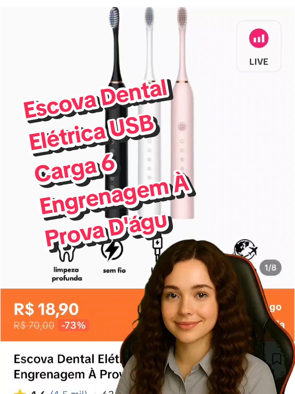 Escova Dental Elétrica USB Carga 6 Engrenagem À Prova D'água