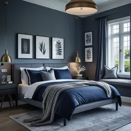 This dark and moody bedroom aesthetic is all about cozy vibes and modern style. Navy blues and textured grays create a serene and sophisticated space. ✨ #darkaesthetic #modernbedroom #bedroominspo #bedroomdecor #homedesign #bedroomdesign #bedroomideas 