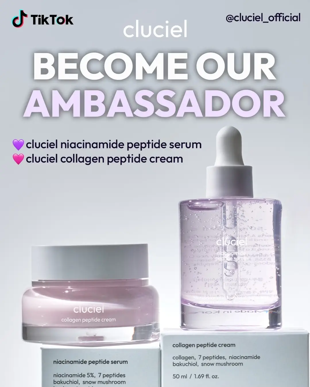 ❤️Cluciel Ambassador Application❤️ ⭐ WHO we are looking for : - Tiktok account must be public  - Must have a Tiktok account with followers over 500 ⭐ HOW to participate:  1. Follow cluciel instagram and Tiktok account  2. Fill in the application form in our Bio link  3. If selected, you will receive an email from us with the guideline and receive 2 products of our best sellers   - cluciel niacinamide peptide serum    - cluciel collagen peptide cream  4. Upload the content on your Tiktok according to the guidelines, and please make sure to tag both #cluciel AND @cluciel_official (BOTH tags are a MUST) ‼️ Video content is mandatory for this campaign. If you receive the products but don’t post any content, you will not be considered for any future collaborations.  ‼️ Please note that successful applicants will be contacted directly. Unfortunately we are not able to reply directly to all applicants. 🌏 Currently the program is available only for US, Canada, Australia, and Korea. Thank you very much for your interest, and we are so excited for your application! 😍 #clucielambassador #ambassador #kbeauty #giveaway #fyp #TikTokBeauty 