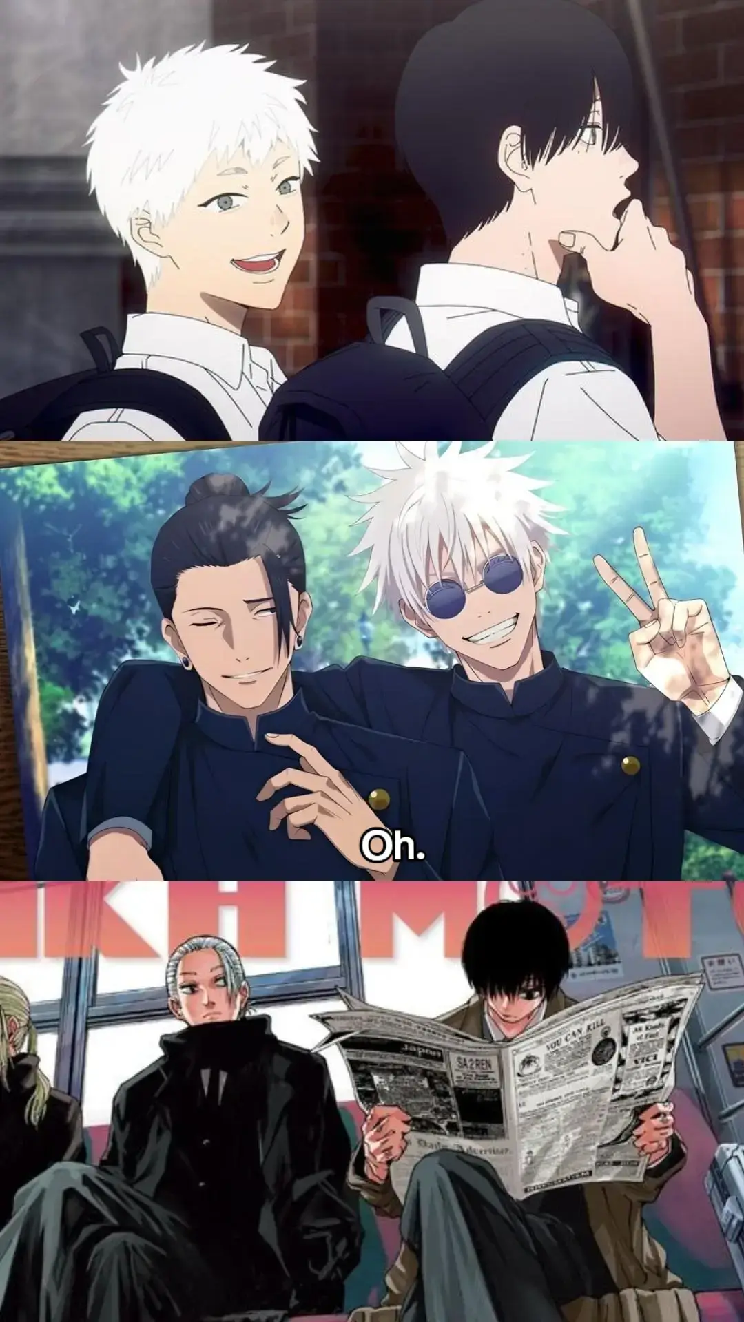 it's always the white and black haired ones 😂✌️  #gojo #geto #sakamoto #nagumo #hikaru #yoshiki #anime 
