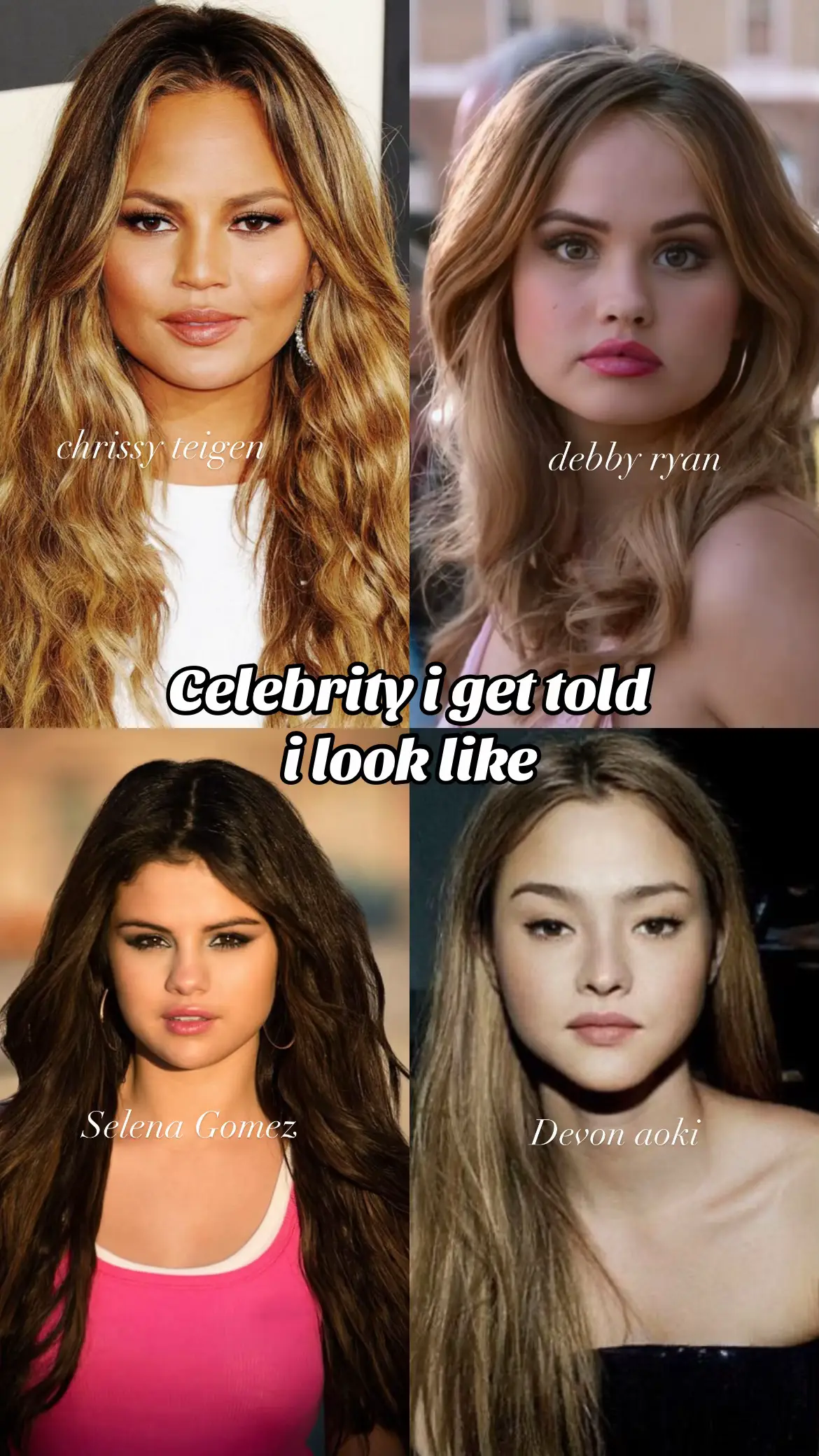 I actually see it sometimes, please tell me if there’s anymore 😅💕 #OOTD #vacayvibes #pinterest #makeup #summerlook #outfitinspo #chrissyteigen #selenagomez #devonaoki #debbyryan #beauty   #celebritylookalike #mixedgirlmagic #fyp #fördig 