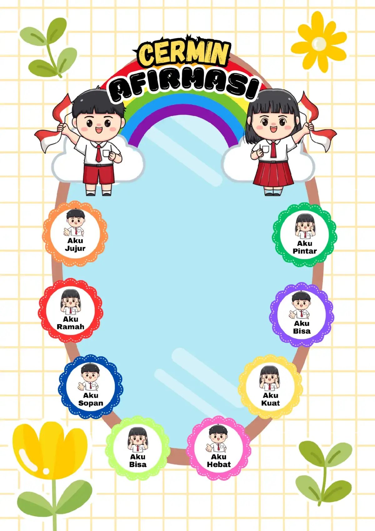 Perintilan Hiasan Kelas Cermin Afirmasi, kata-kata positif. Aku Hebat. Aku Bisa, Aku Ceria, dll...  #hiasankelas #cerminafirmasi #afirmasi #katakata #kelassd #pajangankelas #kelas2 #sd 