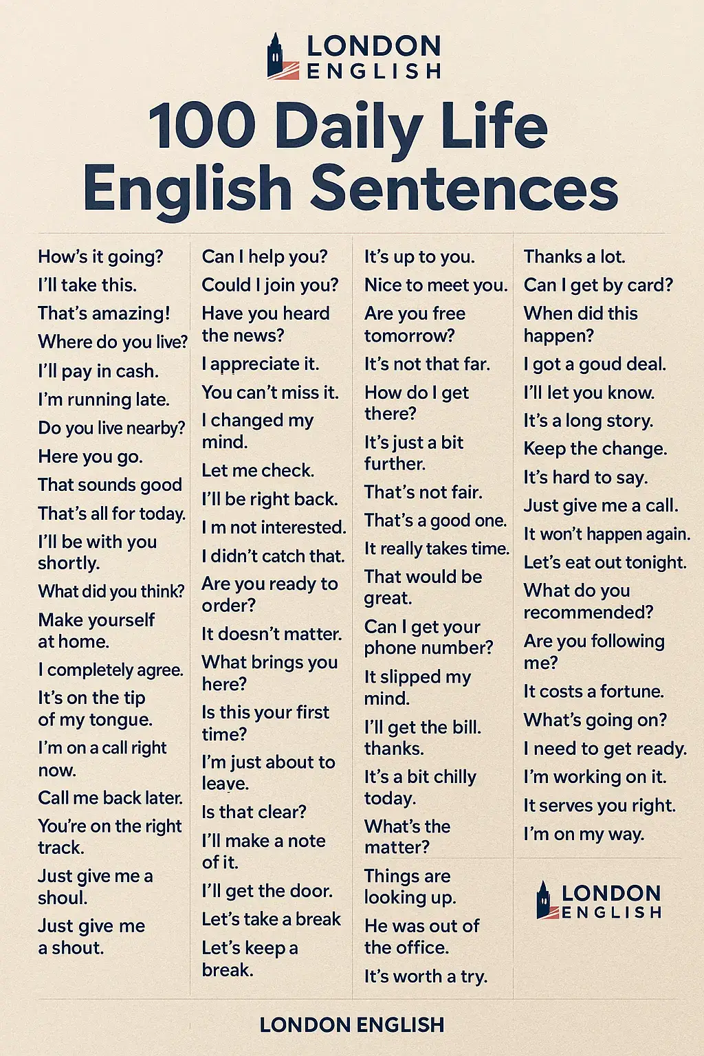LearnEnglish #DailyEnglish #BritishEnglish #LondonEnglish #SpeakFluentEnglish #PakistaniInUK #IndianInUK #EnglishSentences #EnglishTips #TikTokEnglish 💬 Want to speak better English? Here are 100 daily life sentences to help you out! Save it 🔖 and practice daily! 👇 Which one do you use most? Comment below!