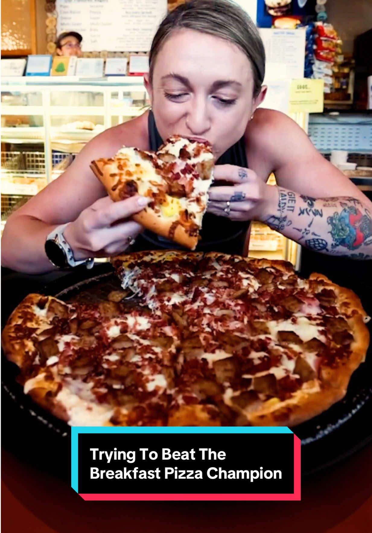I have 30 minutes to finish this incredible breakfast pizza, loaded with garlic and jalapeño cream cheese, eggs, ham, bacon, sausage, and more cheese!  I’m going for the record time!! #katinaeatskilos #foodchallenges #fyp #pizza #breakfast #cheese #challenge 