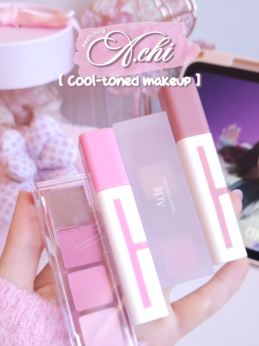 A.chi cool-toned makeup🩷 Available at @HEMEKO  Dewy tint 02 Lovely Blur tint 02 Lively Aegyosal step palette 02 Berry Step Layer step palette 01 Bubbly Pink #kbeauty #makeup #achi #hemeko #eyeshadowpalette #liptint #kpopmakeup #pinkmakeup  #cooltone #cooltonedmakeup #wonyoungism 