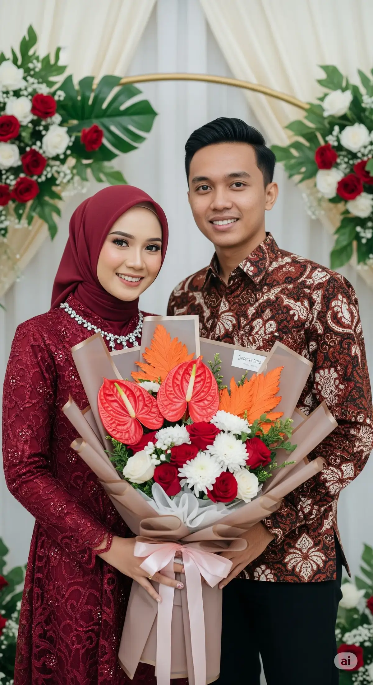 AI Prompt: A young Southeast Asian Muslim couple in a formal engagement portrait. The woman stands on the left, smiling warmly, wearing a deep maroon hijab and an elegant maroon dress with intricate embroidery and beading. She holds a large, luxurious flower bouquet consisting of red anthuriums, red and white roses, white chrysanthemums, orange and pink leaves, all wrapped in layered brown and taupe paper with a pale pink ribbon. She also wears a silver beaded necklace. The man stands close beside her on the right, smiling, wearing a traditional batik shirt in matching maroon and brown tones with white patterns. Their pose is relaxed and close. The background is decorated with soft cream curtains and a semicircle floral arrangement of red and white roses with green leaves, giving a romantic engagement atmosphere. Bright studio lighting with soft shadows. High-resolution, realistic, photo-like quality.