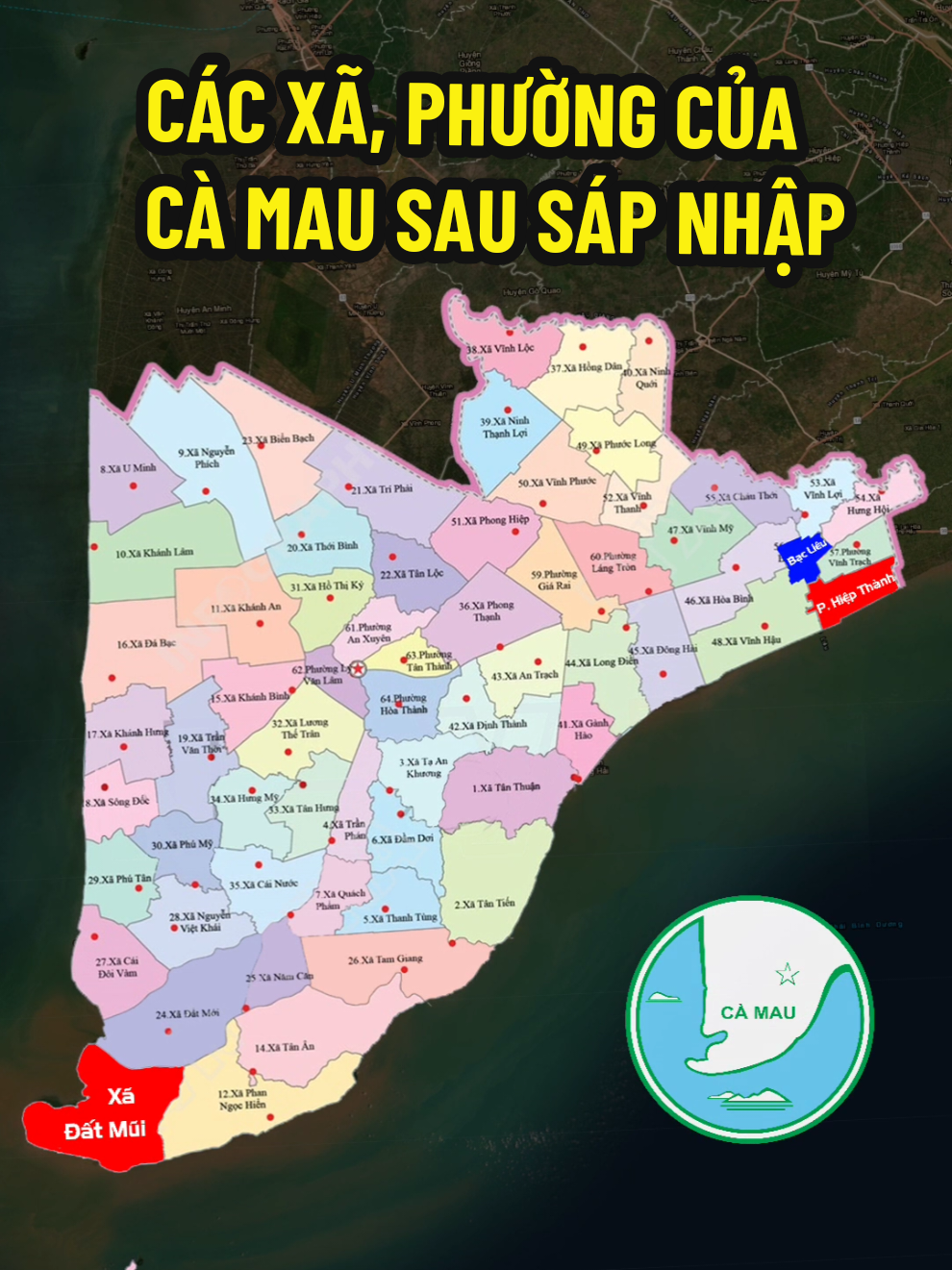 Cà Mau sau sáp nhập có 64 đơn vị hành chính cấp xã, gồm 55 xã và 9 phường. Về phía Cà Mau cũ chia làm 32 xã và 4 phường. Trong đó, huyện Ngọc Hiển chia làm 3 xã, huyện Năm Căn chia làm 3 xã, huyện Phú Tân chia làm 4 xã, huyện Cái Nước chia làm 4 xã, huyện Đầm Dơi chia làm 7 xã, Thành phố Cà Mau chia làm 4 phường, huyện Trần Văn Thời chia làm 5 xã, huyện U Minh chia làm 4 xã, huyện Thới Bình chia làm 5 xã.  Về phía Bạc Liêu cũ chia làm 20 xã và 5 phường. Trong đó, TP Bạc Liêu chia làm 3 phường, huyện Vĩnh Lợi chia làm 3 xã, huyện Hòa Bình chia làm 3 xã, huyện Đông Hải chia làm 5 xã, Thị xã Giá Rai chia làm 2 phường, 1 xã; huyện Phước Long chia làm 4 xã, huyện Hồng Dân chia làm 4 xã. Trong đó, phường Hiệp Thành rộng nhất Cà Mau, Phường Bạc Liêu nhỏ nhất nhưng lại có dân số đông nhất, trong khi xã rộng nhất Cà Mau là xã Đất Mũi, xã cực Nam đất liền tổ quốc Việt Nam. Bạn đang ở xã phường nào của Cà Mau? Hãy để lại bình luận cho mình nhé. #camau #baclieu #xaphuongcamau 