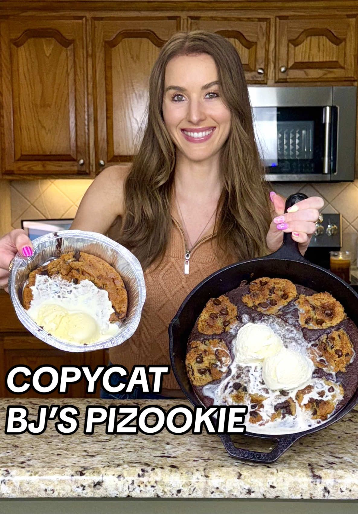 COPYCAT BJ’S PIZOOKIE🍪🍦129g of sugar vs.  8g! Plus, mine’s a brookie🤤 LINKS IN BIO: 🔗Ingredients & skillet on my LTK & Amazon 👩🏼‍🍳My e-book ‘Cozy Comfort Meals’ 🗞️Free weekly newsletter  RECIPE: 🛒Ingredients: Brownie batter- -1/2 bar (2 oz) of 100% cacao Baker’s chocolate  (unsweetened) -4 tbsp melted butter -3/4 cup granular sugar substitute  -1/2 tsp vanilla extract  -2 large eggs -1/2 cup almond flour Cookie dough- -1 cup almond flour  -1/2 tsp baking soda  -1/2 tsp xanthan gum   -1/4 tsp salt  -4 tbsp softened butter -1/4 cup granular sugar substitute  -1/4 cup brown sugar substitute  -1/2 tsp vanilla extract  -1 large egg -1/2 cup Lily’s dark chocolate chips  👩🏼‍🍳Directions: 1. Preheat oven to 350F and grease a 10 in cast iron skillet. 2. In a large bowl, microwave the chocolate and butter, stirring every 30 secs until melted. Stir in granular sugar substitute and vanilla. Add eggs one at a time and stir after each. Stir in almond flour a little at a time until mixed well. Set aside brownie batter.  3. To begin on the cookie dough, get a small bowl and mix the almond flour, baking soda, xanthan gum, and salt.  4. Now in a mixing bowl, add butter, granular sugar substitute, brown sugar substitute, and vanilla. Mix. Add egg and mix again. Add in the small bowl of almond flour mixture and mix a final time. Fold in dark chocolate chips. 5. Spread brownie batter across the skillet. Use a cookie scoop to drop cookie dough on the top of brownie batter. Bake for 25-30 mins. The edges of the cookies will be slightly brown but that is okay.  6. Let cool for a few mins to firm up but it’ll still be warm. Add a few scoops of Rebel vanilla ice cream and enjoy! #brookie #skilletcookie #cookieskillet #pizookie #healthydessert  