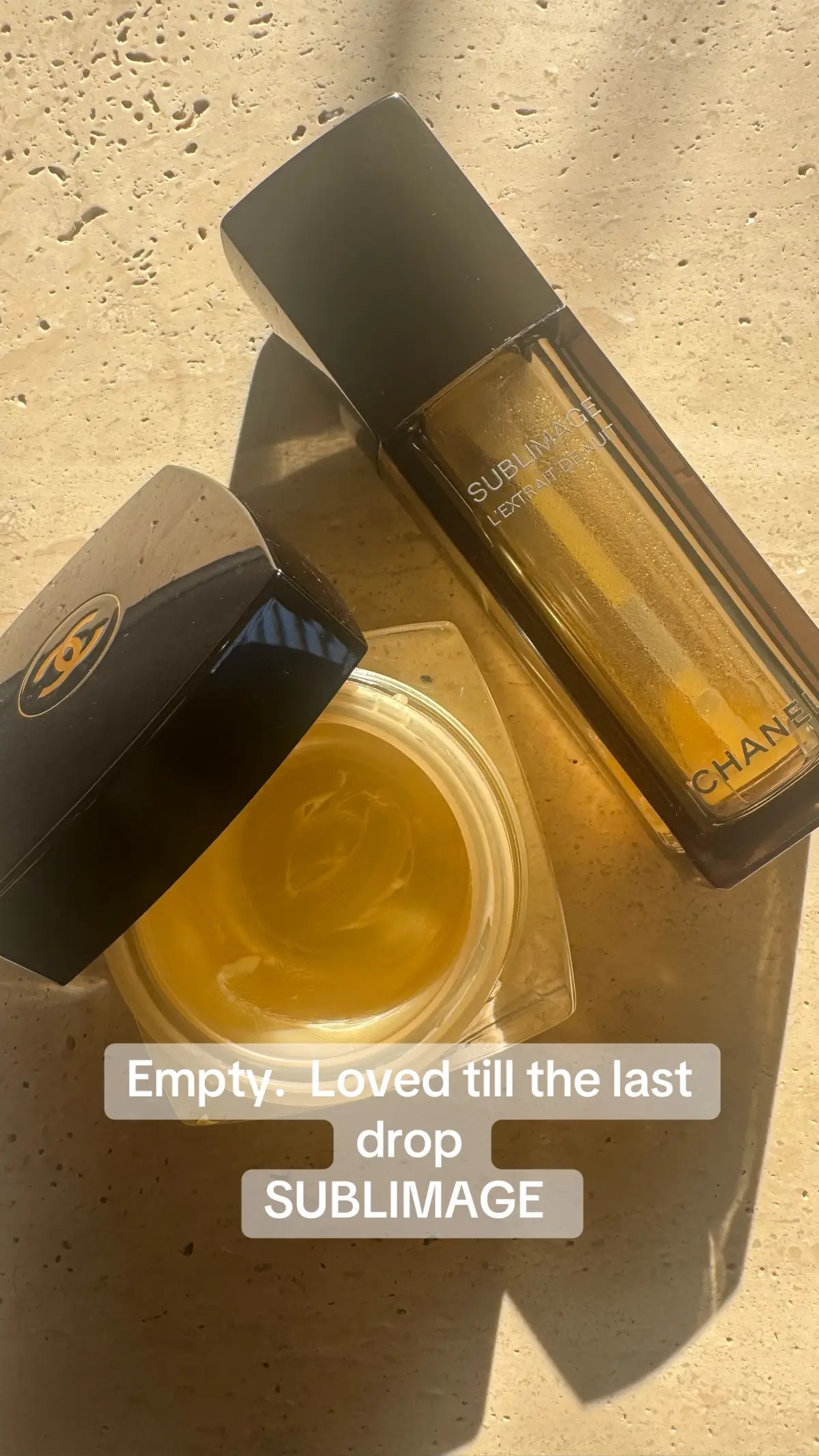 Loved till the last drop.  Empty.  Daily regenerating skin ritual.  SUBLIMAGE L’EXTRAIT DE NUIT SUBLIMAGE LE BAUME #sublimage #welovecoco #chanelskincare #over40skincare #matureskin #sublimage