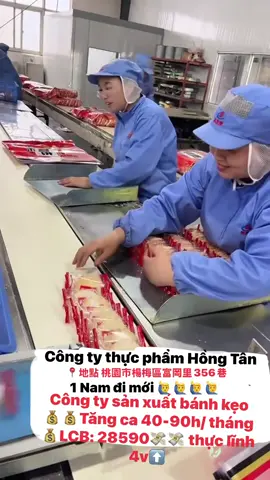💥 💥 1 NAM ĐI MỚI - Công ty HH Thực phẩm Hồng Tân ✅ Địa điểm地點 桃園市楊梅區富岡里356巷 Ngõ 356 khu thần cương, khu dương mai, tp. Đào viên 🍠 Thời hạn hợp đồng合約期限 3 Năm 🍁 Số Lượng 01 Nam 20-30 tuổi đi mới chưa kết hôn ✅ Chiều cao: 165 ~175cm Cân nặng: 55~65kg 🍄 Không lấy lao động có hình săm ✅ Mô tả công việc: Sản xuất các loại bánh và làm các công việc có liên quan khác trong công xưởng ⚡ Số giờ tăng ca: 40-100h/tháng ⚒ Mức lương trung bình: 28590 đài tệ + làm thêm 🖌 Phí ăn ở: 2.500 đài tệ ✅ Hình thức: Tuyển form