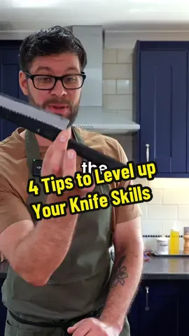 4  Tips to Level up Your Knife Skills.  1.  Always make sure you secure your board. To do that, use a damp tea towel or a damp piece of kitchen paper. This will stop your board moving and keep it extra safe.  2. Use the pinch grip. Take your knife and place your index finger on one side of the blade next to the handle. And then place your thumb on the other side. There we go. That's the pinch. Rest the handle in your hand. And then you can chop from there.  3. Master the rocking motion. Place the tip of your knife on your chopping board, holding it with the pinch grip, rock the knife backwards and forwards, keeping contact with the board at all times.  4. The claw. With your other hand, make a claw shape. Keep your fingertips tucked in with your knuckles sticking out. That keeps it safe so your knife can go up against your knuckles to guide the cut without cutting the ends of your fingers off, and nobody wants that.  You can also use your thumb as an anchor and gradually move back as you're chopping to work through the vegetable. #knifeskills #cookingtips #howtochop #howtoholdaknife #chopping #kitchenknives #chef #cookingtiktok #cooking 