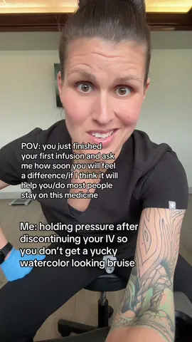 I don’t know. Each person with a chronic illness is highly unique, but I will make sure I do everything to maintain your vessel health by not immediately wrapping your arm after discontinuing your IV leaving you to bruise which can lead to phlebitis because the iron in your blood irritates the tissue that then increases the risk of losing an access site. That’s one thing I can try to take of your list of worries while you try to manage a chronic illness (multiple sclerosis / rheumatoid arthritis / lupus/ myasthenia gravis / anemia/ ankylosing spondylitis / Alzheimer’s/Chrons / Ulcerative Colitis/ Gout). #infusion #nurse #nursesoftiktok #chronicillness #tips #iv 