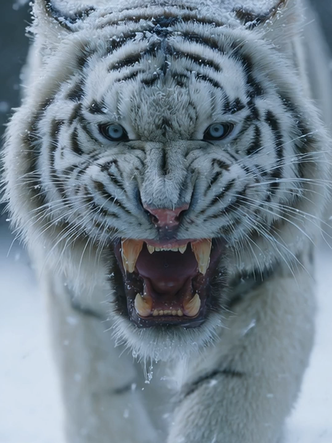 Live Wallpaper – Espírito Vingativo do Ártico Um tigre branco colossal irrompe da tempestade polar, rugindo com a fúria de um deus gelado, enquanto a aurora reflete em sua pelagem coberta de gelo. #tigrebranco #tempestadeártico #forçadanatureza #midjourney #livewallpaper