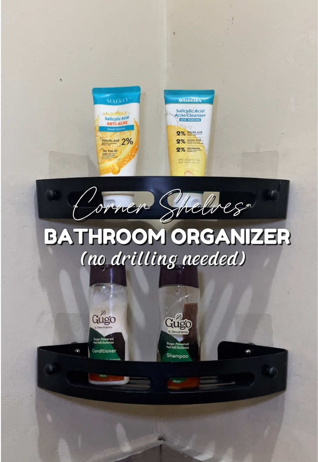 Corner shelf bathroom organizer, no drilling needed ✨ #organizer #organizers #bathroomorganizer #fyp #trending 