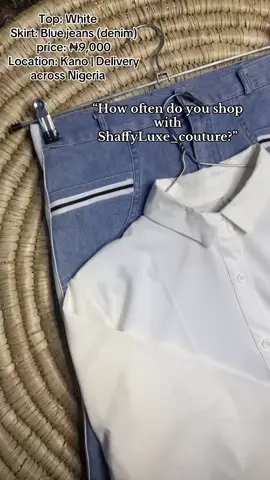 Top: White Skirt: Denim Blue Top: ₦9,000 Location: Kano Delivery Nationwide#CapCut #capcut_edit #buttonstraight #pleatedskirt #newarrivals💕 #kanotiktokers #skirts #fashion #skirtoutfits #smallbusinesscheck #abujatiktokers #kadunatiktok #kanoonlinebusiness #agostiktok #thriftshop 