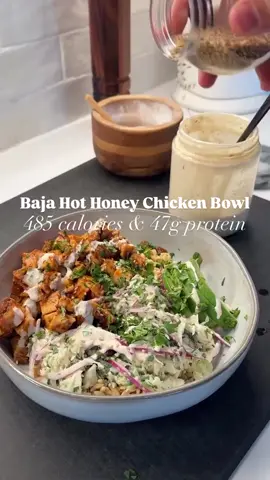 BAJA HOT HONEY CHICKEN BOWL 🔥🍯 PER SERVING: 485 calories, 47g protein per serving using my Kaizen rice, or 555 cals and 31 grams protein using white rice.  This is a super high protein meal that hits all the right spots. Its a little sweet, a little spicy with all the right creamy and crunchy textures. I used my high protein Kaizen rice here, but use regular rice, quinoa, cauliflower rice depending on your goals. Ingredients: 1 lb (~2.5 cups) cooked/grilled or air-fried chicken, diced 1/4 cup sugar-free (or regular) honey 2 tbsp sriracha 1 tbsp rice vinegar 1 tbsp soy sauce 1 cup shredded green cabbage 1/2 red onion, thinly sliced Handful chopped cilantro or green onion 1 avocado, sliced 1 bag (8 oz) Kaizen rice, cooked in salted water Chipotle Lime Protein Crema: 1/2 cup thick Greek yogurt 2 tbsp mayo Juice of 2 limes 1/2 tbsp chili lime seasoning 1/2 tsp chipotle powder Salt and pepper, to taste Here is how to make it: 1.For the hot honey: Use bottled, or make my macro-friendly at home option: Just add 1/4 cup sugar-free honey, 2 tbsp sriracha, 1 tbsp rice vinegar, and 1 tbsp soy sauce to a pan on low heat. Stir or about a minute until combined. 2.Add 2 cups coked diced chicken (or rotisserie) to a bowl. Toss your diced chicken in the sauce until fully coated. 3.Make the slaw: combine shredded cabbage, red onion, and chopped cilantro in a bowl. Make sure its super thinly sliced, this is important. 4.Make the protein crema: Blend or shake together the yogurt, mayo, lime juice, seasonings, and spices until smooth. Add half of it to the slaw and toss well. We’ll use the other half to drizzle on later. 5.Cook your base. I used my Kaizen low-carb rice, but regular rice, quinoa, or cauliflower rice all work. 6.Build your bowl with rice, chicken, slaw, avocado, and any toppings you like. 7.Drizzle on more crema, sprinkle sesame seeds, top with extra herbs, and dig in. Comment SHREDHAPPENS below for details on my cookbook and kaizen protein rice and pasta. Enjoy! . . . . #lowcarb #lowcarbrecipes #keto #ketorecipes #highprotein #healthyrecipes #healthyfoodshare