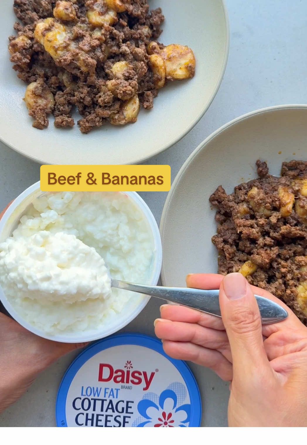 Have you seen the viral beef and banana bowls? It’s such a fun sweet and savory combination that actually works especially with the addition of the cool and creamy @Daisy Brand Cottage Cheese.  #DaisyPartner It’s made with only three ingredients: milk, cream, and salt so I love keeping it in my fridge as a quick and easy source of protein to dollop on top of my meals before serving. One serving of it has 13 grams of protein, which helps me meet my protein goals! Would you try this combination?