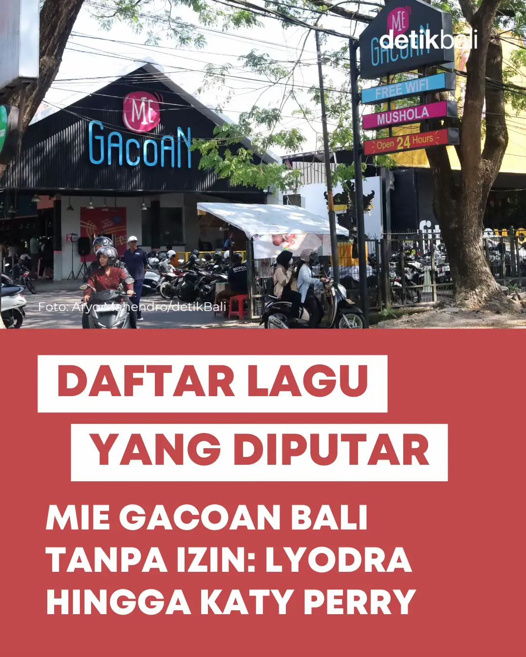 Mie Gacoan di Bali dilaporkan ke Polda Bali akibat diduga tidak membayar lisensi menyeluruh atau blanket license atas pemutaran lagu di gerainya, salah satunya gerai di Jalan Teuku Umar. Direktur Reskrimsus Polda Bali, Kombes Teguh Widodo mengatakan ada delapan lagu yang dilaporkan dalam kasus ini. Simak daftar lagunya pada slide berikut. #MieGacoan #KasusMieGacoan #Lyodra #KatyPerry