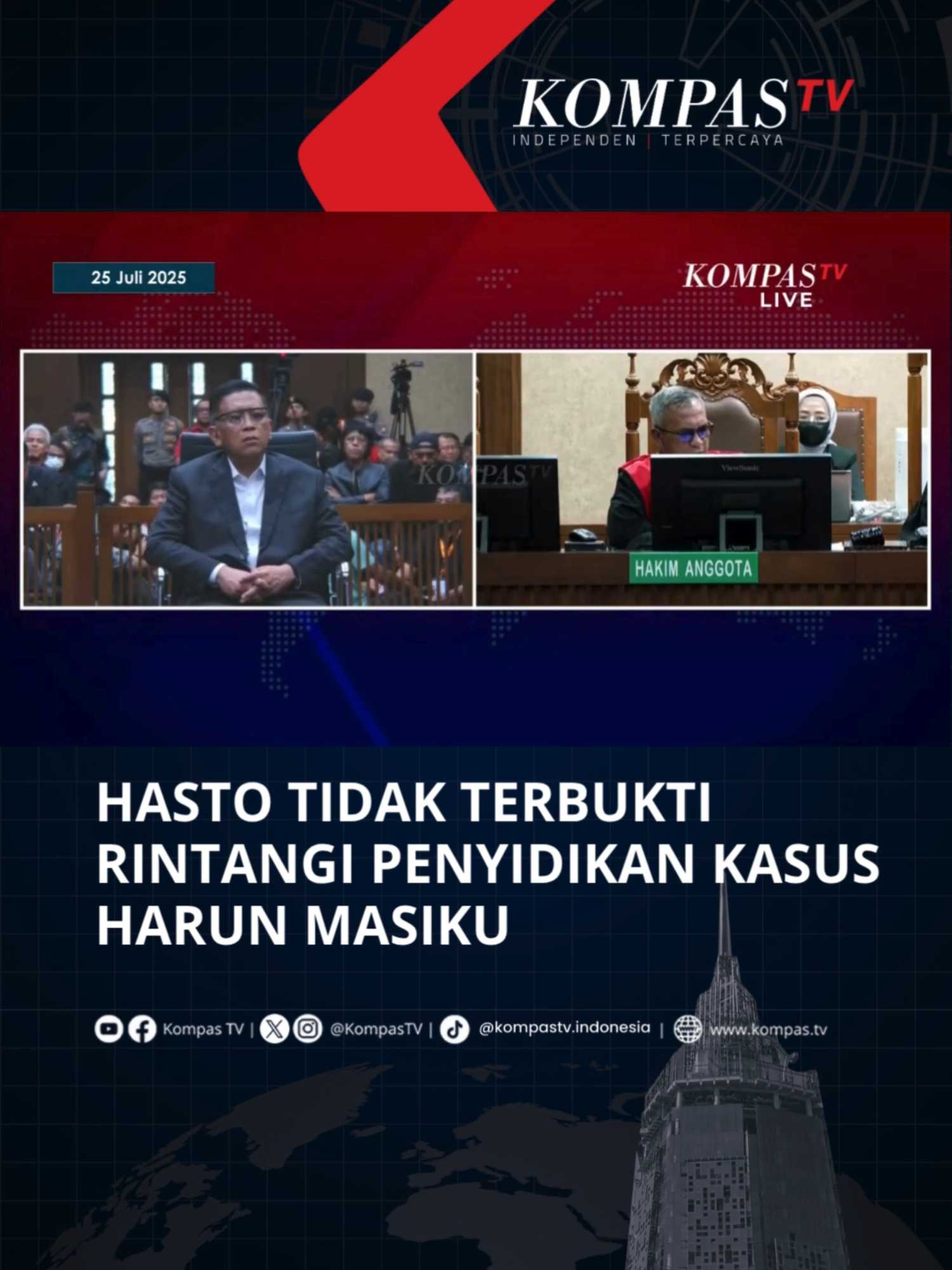 Majelis Hakim Pengadilan Tipikor Jakarta Pusat mengatakan bahwa Hasto tidak terbukti merintangi penyidikan kasus dugaan suap Harun Masiku disampaikan dalam sidang vonis yang digelar pada Jumat (25/7/2025). “Namun dalam perkara ini tidak terbukti adanya kegagalan penyidikan karena faktanya penyidikan terhadap Harun Masiku tetap berjalan sesuai dengan prosedur yang berlaku,” kata Hakim Sunoto. Tuliskan komentarmu dan dapatkan berita terkini lainnya di www.kompas.tv serta youtube.com/kompastv #TikTokBerita