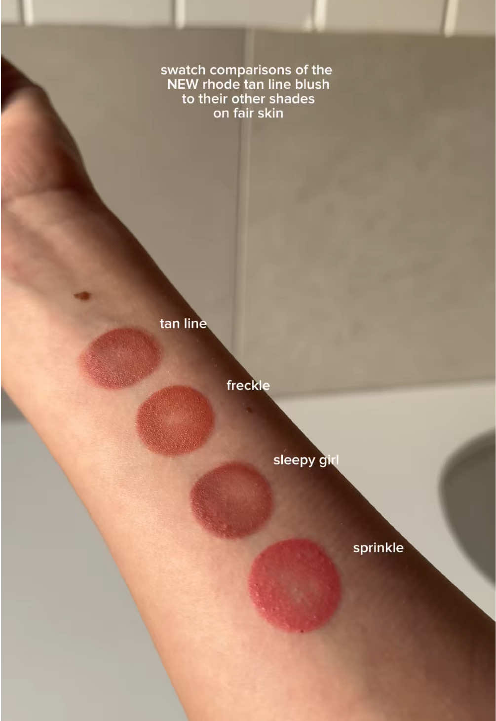 Swatch comparisons of the new Rhode blush in shade tan line with other shades on fair skin 🤍  @rhode skin #rhodetanline #tanlineblush #swatches #rhodeswatches #rhodeblush #newmakeup #fairskinmakeup 