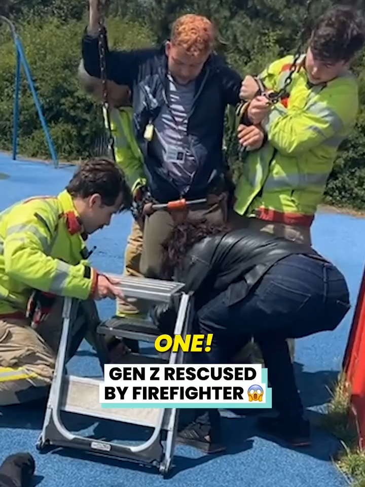 He got stuck in a childs swing... (@ciaran_middleton ) #caughtoncamera #firefighter #genz #stuck