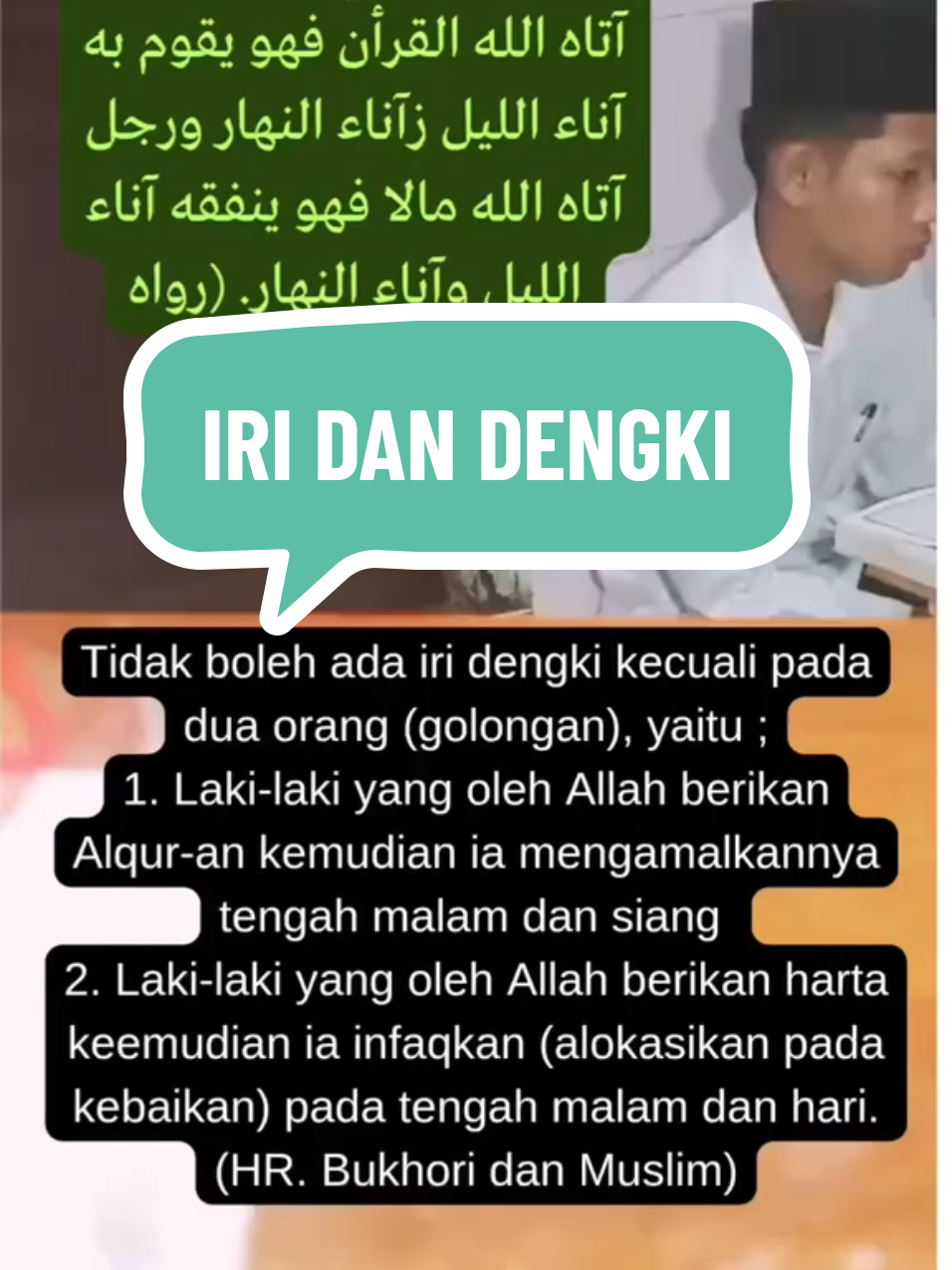 IRI DAN DENGKI Iri dan dengki adalah dua perasaan negatif yang saling berkaitan. Iri adalah perasaan tidak suka atau tidak senang melihat keberhasilan atau kebahagiaan orang lain, sedangkan dengki adalah perasaan tidak senang yang disertai keinginan agar orang lain kehilangan apa yang dimilikinya.  Perbedaan Iri dan Dengki: Iri: Merupakan perasaan tidak suka atau tidak senang ketika melihat orang lain memiliki sesuatu yang lebih baik atau lebih beruntung. Contohnya, merasa iri melihat teman memiliki mobil baru.  Dengki: Adalah perasaan iri yang lebih dalam dan disertai keinginan agar orang lain kehilangan apa yang dimilikinya. Contohnya, merasa iri melihat teman memiliki mobil baru, dan berharap mobilnya rusak atau hilang.  Penyebab Iri dan Dengki:  Rasa tidak aman: Merasa tidak percaya diri dan tidak mampu mencapai apa yang dimiliki orang lain.  Perasaan rendah diri: Merasa diri tidak sebanding dengan orang lain.  Kekurangan rasa syukur: Tidak mensyukuri apa yang dimiliki dan selalu merasa kurang.  Lingkungan sosial: Terkadang lingkungan sosial yang kompetitif dapat memicu munculnya perasaan iri dan dengki.  Penyakit hati: Iri dan dengki juga bisa menjadi penyakit hati yang merusak diri sendiri dan hubungan dengan orang lain.  Dampak Iri dan Dengki:  Merusak diri sendiri: Iri dan dengki dapat menyebabkan stres, kecemasan, dan perasaan tidak bahagia.  Merusak hubungan: Iri dan dengki dapat merusak hubungan dengan orang lain, bahkan bisa menyebabkan permusuhan.  Menghambat perkembangan: Iri dan dengki dapat menghambat perkembangan diri karena fokus pada kekurangan diri sendiri daripada potensi yang dimiliki.  Menghalangi keberhasilan: Sifat iri dan dengki dapat menghalangi seseorang untuk mencapai kesuksesan karena energi yang seharusnya digunakan untuk mengembangkan diri malah terbuang untuk iri pada orang lain.  Cara Mengatasi Iri dan Dengki: Bersyukur: Belajar untuk mensyukuri apa yang dimiliki dan menghargai pencapaian diri sendiri.  Fokus pada diri sendiri: Alihkan perhatian dari membandingkan diri dengan orang lain, fokus pada pengembangan diri dan potensi yang dimiliki.  Membangun rasa percaya diri: Tingkatkan rasa percaya diri dengan menyadari kelebihan dan potensi diri.  Berpikir positif: Latih diri untuk berpikir positif dan melihat sisi baik dari setiap situasi.  Mencari dukungan: Jika merasa kesulitan mengatasi iri dan dengki, jangan ragu untuk mencari dukungan dari orang terdekat atau profesional.  Dengan memahami perbedaan dan dampak iri dan dengki, serta belajar untuk mengatasinya, diharapkan dapat tercipta kehidupan yang lebih harmonis dan bahagia. #fypppppppppppppppppppppp #fyp 