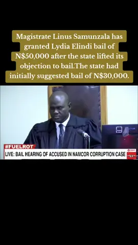 Lydia Elindi, along with her husband, is one of the accused in the NAMCOR corruption case. As part of the bail conditions, Elindi is required to report to the Anti-Corruption Commission every Tuesday and Friday, hand over all travel documents, remain within the Windhoek district until the matter is finalised, and surrender her two firearms. State prosecutor advocate Basson Lilungwe said the fact that the state no longer opposes her bail does not mean that she no longer faces the charges. . . .■■■ #dailynews #newsattiktok #tiktoknamibia   #newsnamibia   #onthisday #namibiantiktok   #windhoeknamibia🇳🇦   #SAMA28   #namibiapolitics   #politicians   #oshiwambo #walvisbay   #fyppppppppppppppppppppppp   #headlines  #windhoekcity #afrikaanstiktoks   #oshakatitiktoker   #namibiantiktoker🇳🇦   #kullid   #kullidmemes   #afrikaans   #presidenthagegeingob #namtiktok🇳🇦   #namibiansbelike #namibianews #walvisbay   #windhoektiktok   #afrikaanstiktok   #kullidtiktok   #southafricatiktok   #ongwedivatiktok #namibiantiktok #windhoek   #namibia #namibians   #wambosbelike #otjihererotiktok   #tiktoknamibia   #oshakatirealestate #swapopartyofnamibia #rehoboth  #southafrica #digitalmedia #africa #CapCut #foryou #news #fyp #viral #crimetok #trending #gautengtiktok #namibiantiktok #capetowntiktok #tiktoksa #southafricatiktok #africantiktok #southafricansbelike  #ComfortSegredos 