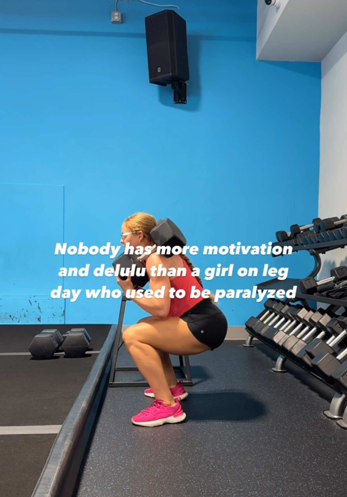 Last July I PR’d my squat with 70s Then I got Guillain Barre and was paralyzed and spent months learning to walk again and getting my strength back This July I did 12 reps with 85s  I will keep being delusional every time I step into the gym because it’s been proven over and over again that I don’t even know what my body is capable of It’s better to try and fail than not try at all #burnbootcamp #guillainbarresyndrome #mom #momlife #gym #gbs #squat #strong