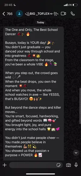 He showed up to our school valedictory service to come and see our performance….then he sent me this after the party end 🥹☺️…my role model..can’t love you less😔 thanks for the words and advice including prayers 🥹, you are darling @꧁BIG _TOFLEX༻꧂ #2k25#graduate #vir#viralowup 