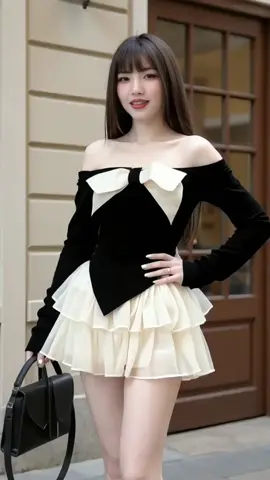 Set áo trễ vai đính nơ vạt nhọn kè chan váy xoè tiểu thư #ninhanhchill #vayxinh #damxinh #setdoxinh #trevai 