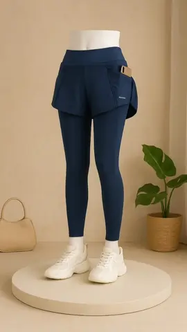 Nyaman bergerak, tetap stylish! Legging  sporty ini dirancang dengan bagian belakang lebih panjang untuk kenyamanan maksimal. Cocok untuk aktivitas outdoor, yoga, atau sekadar tampil modis saat jalan santai #LeggingRok #ActiveWearCewek #SportyLook #NavyLegging #WorkoutStyle #OutfitNyaman #FashionAktif #RokOlahraga #GayaSantai #TampilModis 