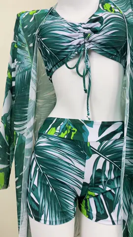 Three-piece Set Women's Leaf Print Bikini Set, Ruche U Neck Swim Bra & Swim Shorts & Long Sleeve Open Front Cover Up Top Set, Ladies Swimsuit for Beach Holiday Vacation #TropicalSlay #3PieceBikiniSet #SwimwearGoals#bikini #fyp#viral #tiktokshop  #VacationOutfit #ResortReady #BikiniTok #SummerEssentials #LeafPrintLove #BeachSetFit #swimstyle2025 