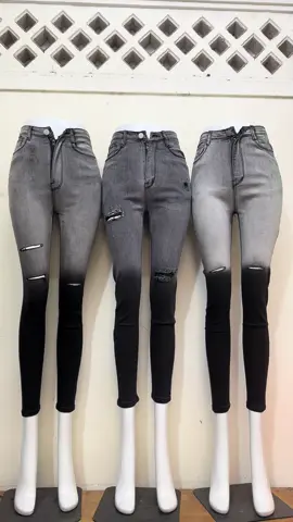 Quần jean xám loang 2 màu lưng cao 1nút trơn, rách shop e sẵn size từ 26-36 (38-75kg) ạ