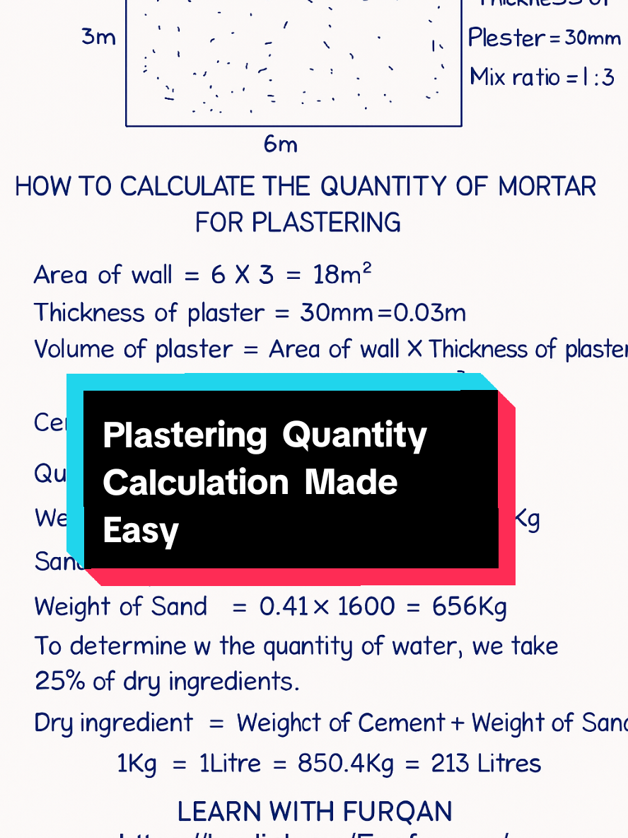 📐 Plastering Quantity Calculation Made Easy! Learn how to calculate the cement, sand, and water needed for plastering a wall with accurate step-by-step methods. Perfect for civil engineers, site supervisors, and students! 📏 Wall Size: 6m x 3m 🧱 Thickness: 30mm 🧮 Mix Ratio: 1:3 📦 Cement: 4 Bags 🏖️ Sand: 0.41 m³ 💧 Water: 213 Litres 🎯 Boost your site knowledge with practical calculations. 🔗 Free resources & notes: heylink.me/Engfurqan 📚 Follow for more civil engineering tips! #Plastering #CivilEngineering #SiteTips #ConstructionKnowledge #LearnWithFurqan #EngineeringTikTok #CementMix #PlasterWork #QuantitySurvey #sitework #ConstructionLife 