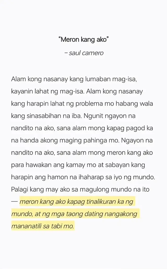 Alam mo nman na meron kang ako pag magulo at mbgat kht na pkirmdam ko na ni isang tao ayaw mo kmausap ulti mo ako nangungulit ako dhil ayko lang mkita lang laging gnyan na pkirmdam ko pag magulo ikaw lang mag isa gsto ko lng mrmdamn mo na meron kang ako kaso pati ako hndi ko alam pano ka kakauspin pkirmdam ko isa pako sa prblma mo 🥺 gsto ko lang mlman mo meron kang ako na laging andto para sayo