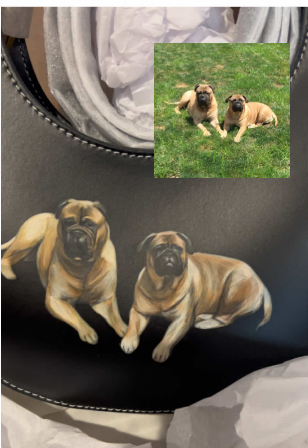 Thank you @STAUD for this absolutely beautiful bag with my babies Tank & Roxy on it. I could not love it more! #fyp #tank #roxy #bullmastiff #staud #dogmom 