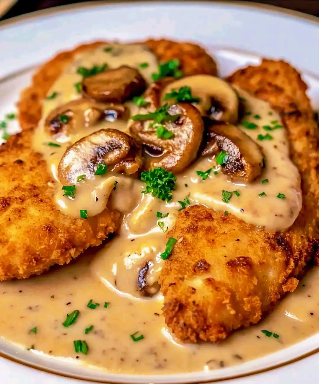 📋 Ingredients: 4 boneless, skinless chicken breasts Salt and pepper, to taste 1 cup all-purpose flour 2 large eggs, beaten 1 cup breadcrumbs 1/2 cup grated Parmesan cheese 3 tbsp olive oil 2 tbsp butter 1 cup mushrooms, sliced 2 cloves garlic, minced 1 cup heavy cream 1/2 cup chicken broth 1/2 cup grated Parmesan cheese Fresh parsley, for garnish 👩‍🍳 Instructions: 1️⃣ Prepare the Chicken Season the chicken breasts with salt and pepper. Dredge each chicken breast in flour, then dip in the beaten eggs, and coat with a mixture of breadcrumbs and Parmesan cheese. 2️⃣ Cook the Chicken In a large skillet, heat olive oil over medium heat. Fry the chicken until golden and crispy, about 5-6 minutes per side. Remove and set aside. 3️⃣ Make the Sauce In the same skillet, melt the butter. Add the mushrooms and garlic, cooking until the mushrooms are soft. Pour in the chicken broth and let simmer for a few minutes. 4️⃣ Add Cream and Parmesan Stir in heavy cream and Parmesan cheese, allowing the sauce to thicken slightly. Season with salt and pepper to taste. 5️⃣ Combine Return the cooked chicken to the skillet, spooning the sauce over the chicken. Garnish with fresh parsley before serving. 6️⃣ Serve Serve hot with the creamy Parmesan mushroom sauce. Enjoy this flavorful, savory meal! ⏱ Preparation time: 15 minutes ⏱ Cooking time: 25 minutes ⏱ Total time: 40 minutes 🔥 Calories: ~550 kcal per serving 🍽 Servings: 4. #mushroom #chickenbreast #chickenbreastrecipe #crispychicken #garlicsauce 