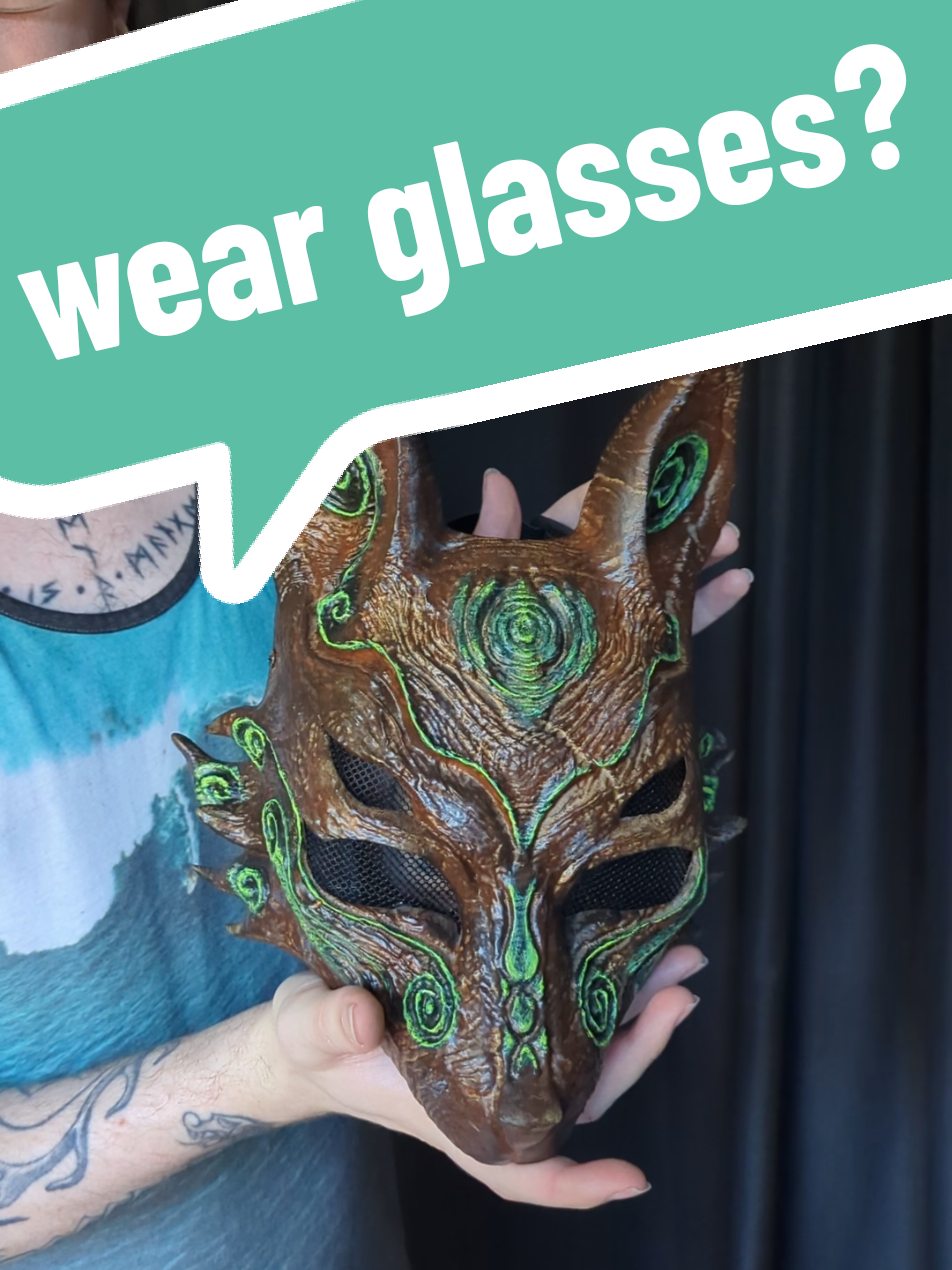 Hello all! We can make our masks wearable with glasses now. We currently just have the Faewood fox mask until more people request a custom order for more masks to be done, thank you! If you're interested in commissioning us email thecraftcrypttcc@gmail.com  Check out Etsy/Patreon and our linktree in description #3dprinting #custom #3dprint #fox #mask #cosplay #fantasy #larp #costume #glasses #fyp 