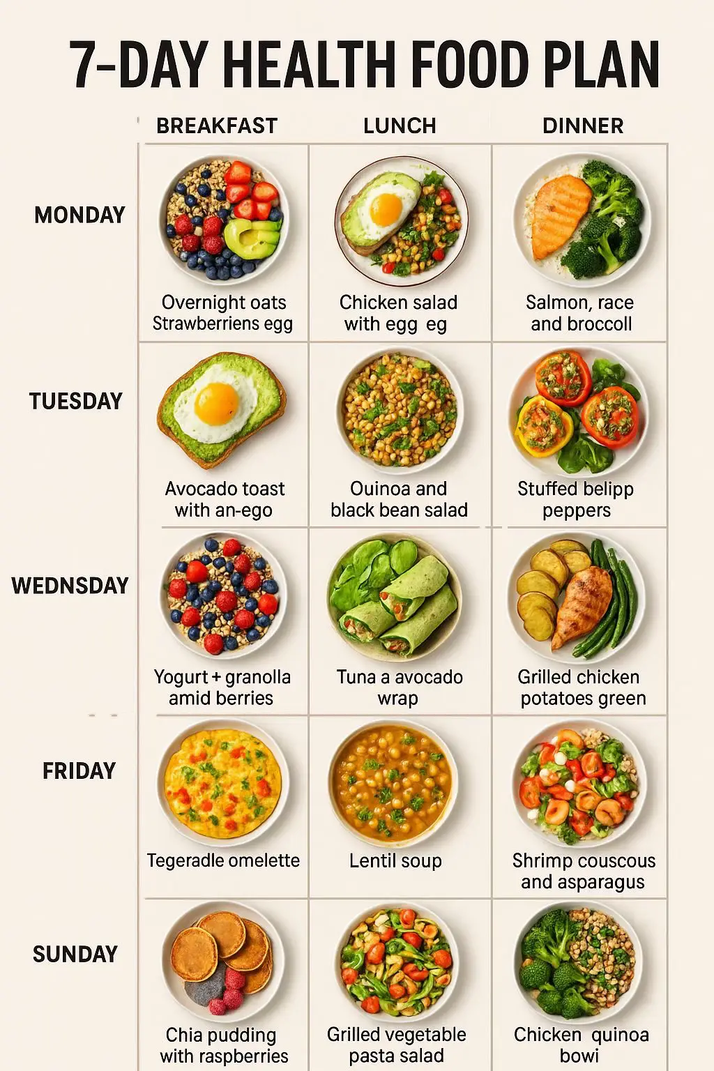 Looking to reset your diet, lose belly fat, or just eat healthier? This 7-day meal plan is designed to fuel your body with nutritious, balanced meals that are easy to prepare, budget-friendly, and delicious! Whether you’re working out or just starting your fitness journey, this plan will help you: ✅ Burn stubborn fat ✅ Boost energy levels ✅ Build lean muscle ✅ Control cravings ✅ Stay consistent & on track 🎯 This plan requires no fancy ingredients and works great for beginners. Stay full, stay fit, and stay focused. #7DayMealPlan #WeightLossMeals #CleanEating #FitnessFuel #FatLossJourney #HealthyEating #MealPrepIdeas #LumbaFitness #nutritiontips #FitBodyFuel #HomeWorkoutNutrition