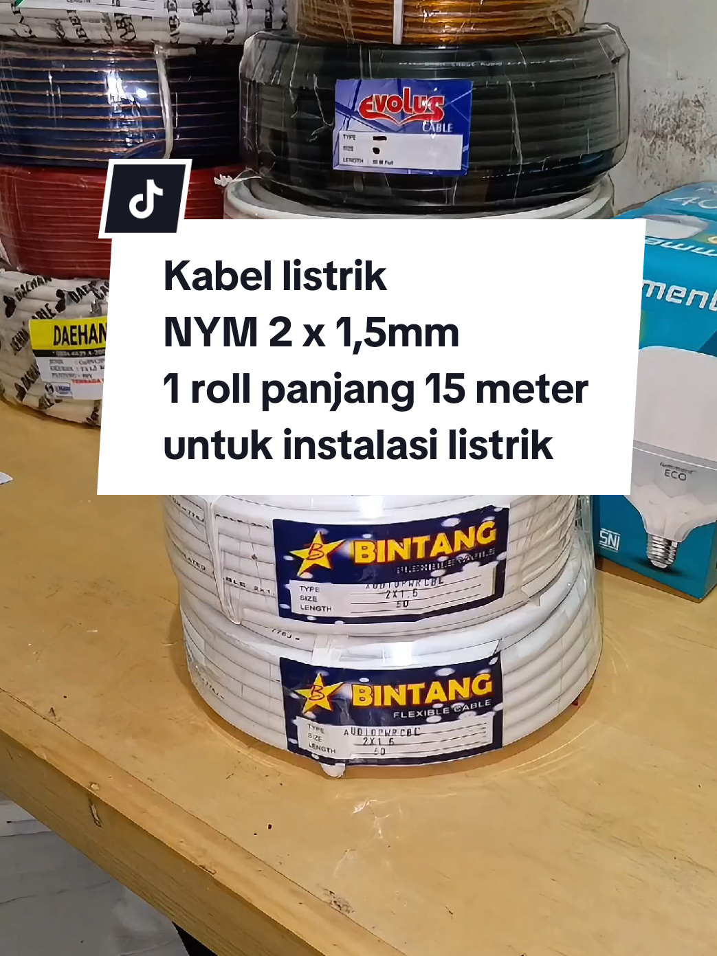 Kabel listrik NYM 2 x 1,5mm 1 roll panjang 15 meter, untuk pemasangan instalasi listrik, colokan listrik AC, TV, mesin cuci, kulkas, pompa air.  #instalasilistrik #kabelcolokan #kabeltembaga #kabellistrik #kabel #kabel1roll #kabelinstalasi 