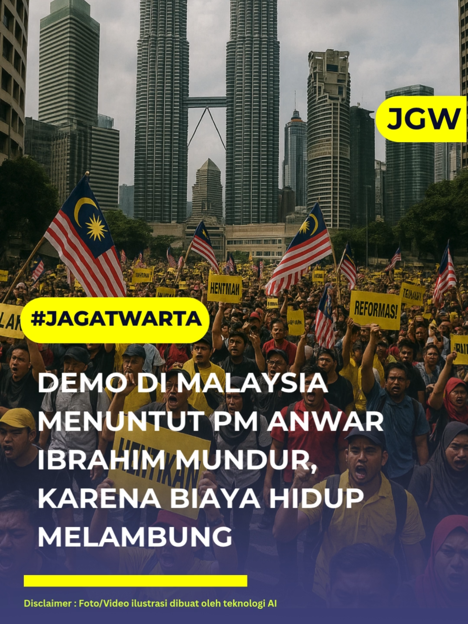 JAGAT WARTA - Kuala Lumpur menjadi saksi aksi demonstrasi besar-besaran yang diikuti oleh puluhan ribu warga Malaysia. Mereka turun ke jalan untuk menyuarakan ketidakpuasan terhadap pemerintah Perdana Menteri Anwar Ibrahim, yang dinilai lamban dalam menangani masalah biaya hidup yang terus melambung. Para demonstran, yang didukung oleh berbagai partai oposisi, berkumpul di Dataran Merdeka dengan poster-poster bertuliskan 