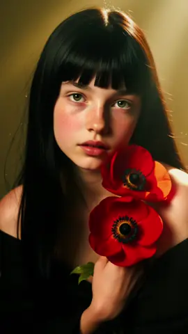 ✨ **High Fashion Meets Natural Beauty** ✨ This stunning Swedish girl with her striking black hair and piercing eyes looks like she stepped out of a luxury magazine! 📸 The dramatic lighting and cinematic bokeh create such an elegant, high-end vibe. Love how the red anemones pop against the muted sage background - pure artistry! 💐 Perfect example of why I love editorial photography - every detail tells a story. Who else is obsessed with this aesthetic?  #HighFashion #EditorialPhotography #CinematicLight #StudioPortrait #BlackHair #RedFlowers #8KPhoto #FilmGrain #DramaticLighting #BokehEffect