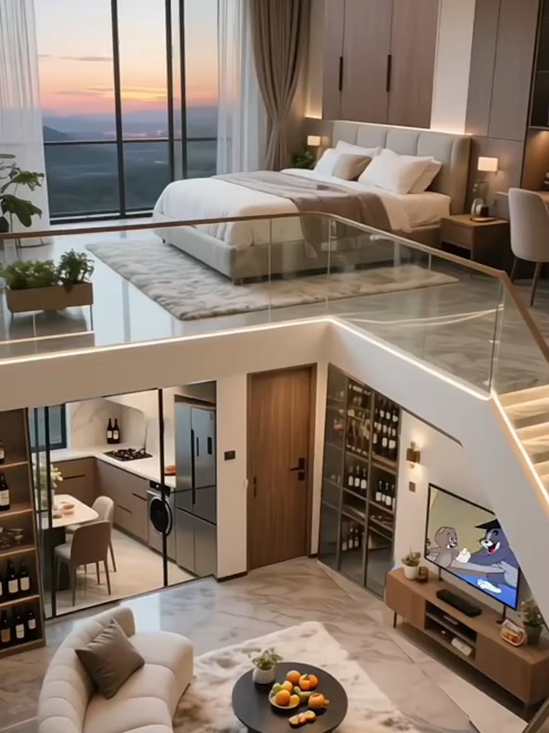Dream Loft Vibes | Modern, Cozy & Breathtaking Views This dreamy two-level loft combines sleek design, cozy textures, and sunset views for the perfect modern escape. From the warm lighting to the glass railing and comfy bedroom, it's a home that feels like a private retreat. #relaxingambience #homedecoration #aestheticvideos #cozyroom #cozycabin #tinyroom #livingambience #rainyday #relaxing #homedecor #aesthetic #interiordesign #cozy #asmr