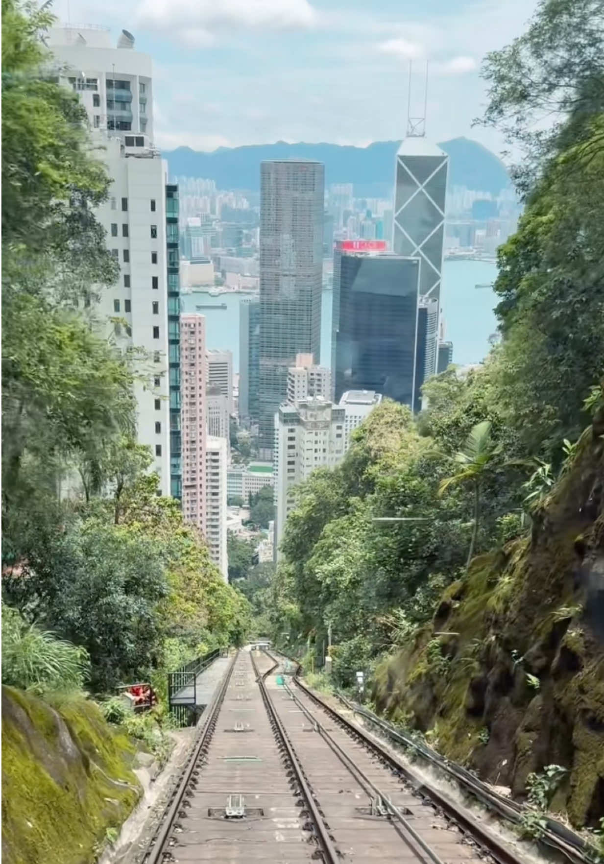 This was my view riding the Peak Tram down from Victoria Peak. I made sure to secure the front seat! Peak Tram and Sky Terrace — super worth it! #peaktram #skyterrace428 #hongkong #klook