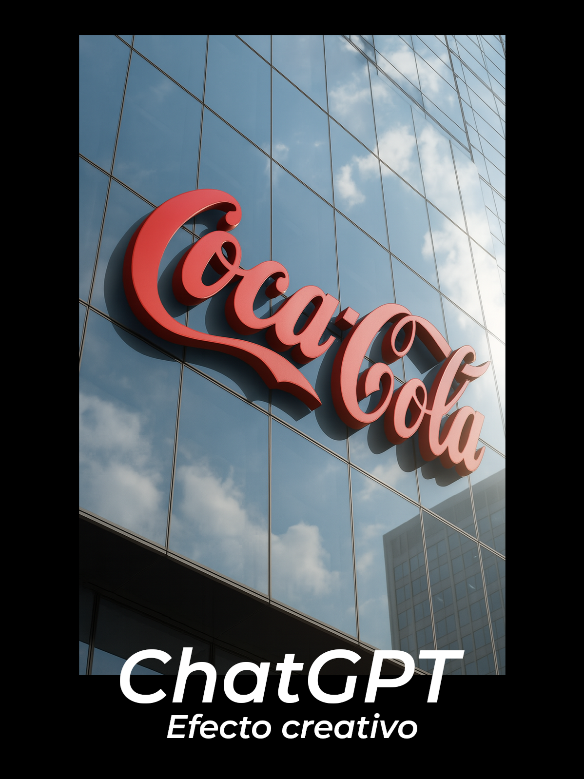 Render a 3D version of this logo mounted on the reflective glass facade of a modern skyscraper. The logo should appear as a solid, slightly extruded structure with realistic shadows and reflections, casting a soft shadow on the glass. The building should reflect the sky, clouds, and nearby architecture. Show the scene from a low-angle perspective to emphasize the height of the building. Use natural daylight and high realism. Format aspect ratio 1080x1440 #chatgpt  #inteligenciaartificial  #IA