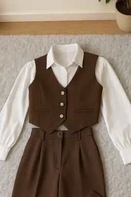 Bingung cari outfit kekinian,  ingin tampil sempurna tanpa ribet di sesi foto yearbook? One set outfit ini hadir didesain khusus untuk kamu yang ingin tampil anggun dalam balutan gaya klasik yang tak lekang oleh waktu. Temukan kombinasi sempurna antara kemeja crop putih, vest brownies yang menggemaskan, dan knit pants yang nyaman. Dengan bahan yang nyaman dan desain yang chic, cocok untuk jalan-jalan atau sesi foto yearbook yang akan membuat semua mata tertuju padamu! #ootdfashion #stylish #fashion #bajuhangout #ootdfashion #oneset3in1 #outfitkekinian✅ #koreanstyle 