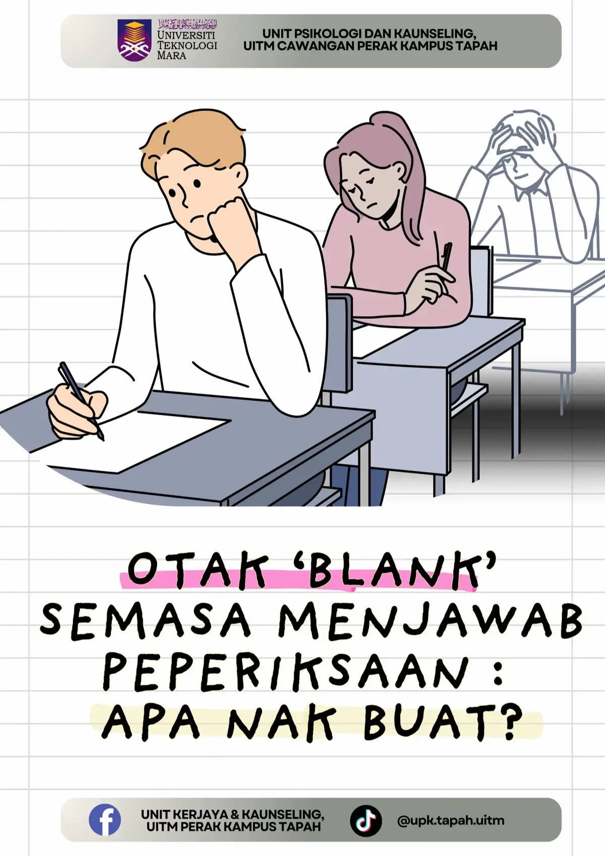 Tengah exam, tiba-tiba blur 😶‍🌫️  Study? Dah. Faham? Dah. Hafal? Pun, dah. Tapi bila tengok soalan, tak tahu nak tulis apa 😵‍💫 Siapa pernah experience benda sama? 🙋‍♀️ Nah, ingat tips ni untuk 'reset' semula otak kalau tiba-tiba 'blank' semasa dalam dewan peperiksaan 🧠 #uitmdihatiku #upkuitmtapah #studytok #finalexams #psychology 