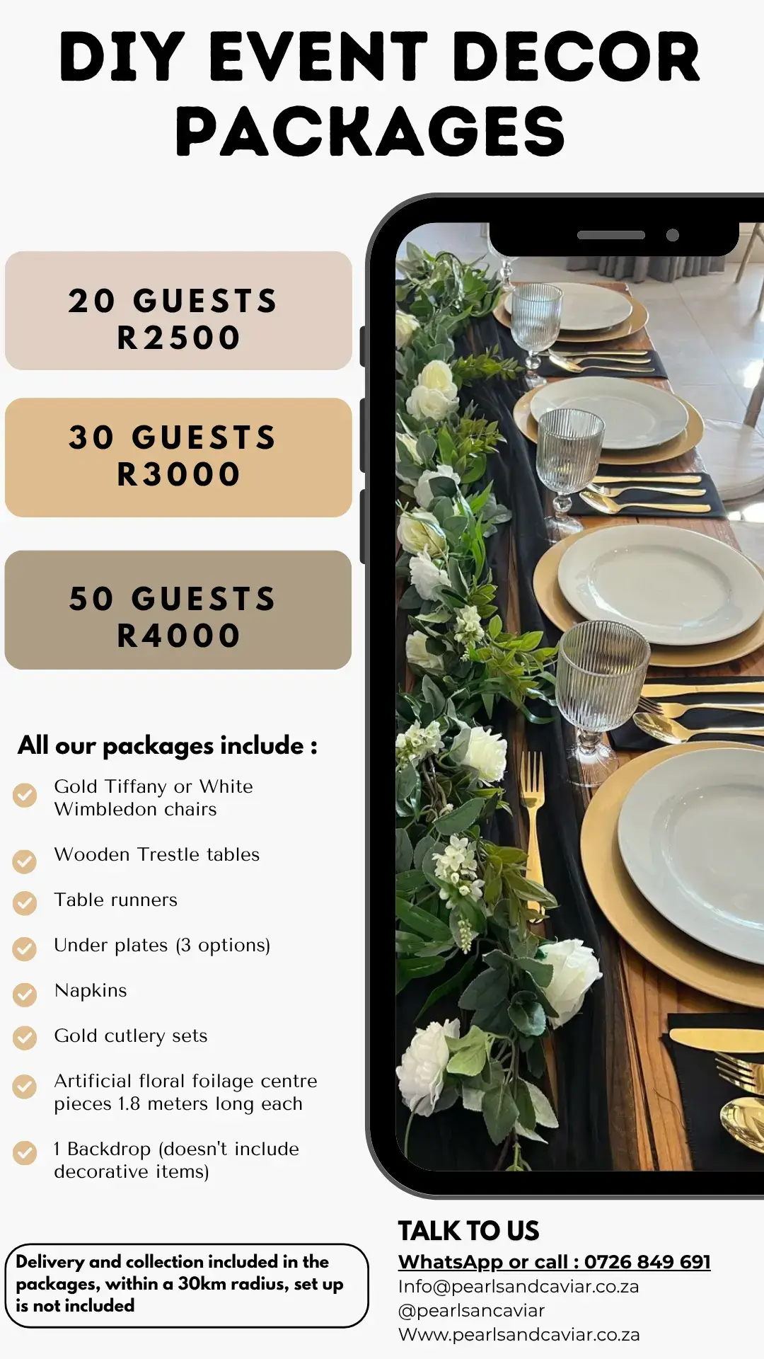 Hosting an event? Our DIY Decor Packages are perfect for intimate weddings, birthdays, baby showers & more – at unbeatable prices! 📍 Based in Durban | 📞 0726849691  Everything you need. Beautifully done. Hassle-free. #DIYDecor #DurbanEvents #EventDecorDurban #AffordableDecor #PearlsAndCaviar #EventPackages #fyp